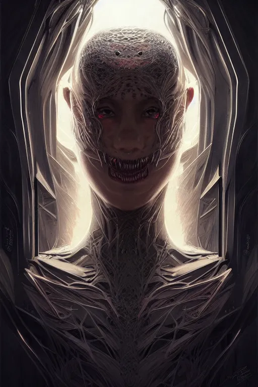 Image similar to professional concept art symmetrical portrait of a horrendous mechanical predatory fractal! species in a dark room by artgerm and greg rutkowski. an intricate, elegant, highly detailed digital painting, concept art, smooth, sharp focus, illustration, in the style of cam sykes.