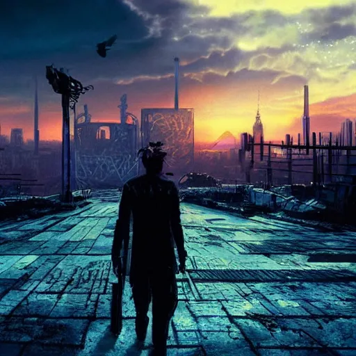 Image similar to wanderer with night vision goggles, dramatic light, sunset, sunrays, flying cars, cyberpunk city in the background, ruins, buildings, dystoptian, gorgeous view, depth, painted by Caspar David Friedrich, gateway, clouds, tending on artstation