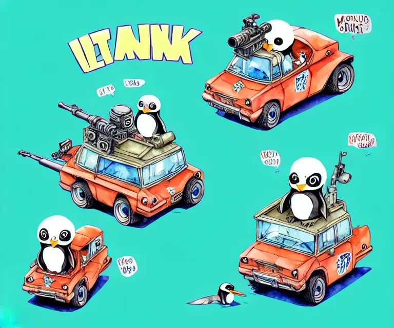 Prompt: cute and funny, penguin riding in a tiny tank with large gun, ratfink style by ed roth, centered award winning watercolor pen illustration, isometric illustration by chihiro iwasaki, edited by range murata, tiny details by artgerm and watercolor girl, symmetrically isometrically centered, sharply focused
