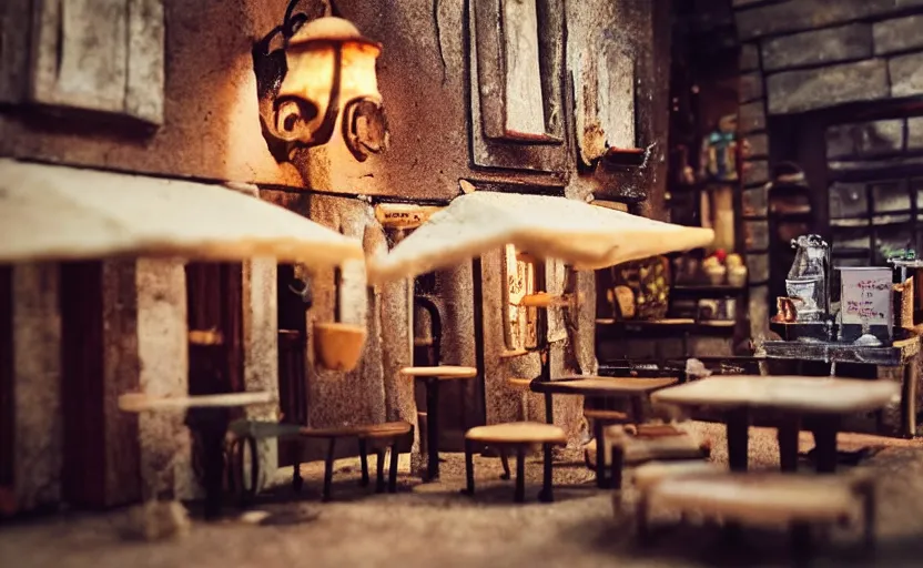 Prompt: miniature cafe diorama macro photography, cafe for mice, alleyway, ambient, atmospheric photograph, romantic