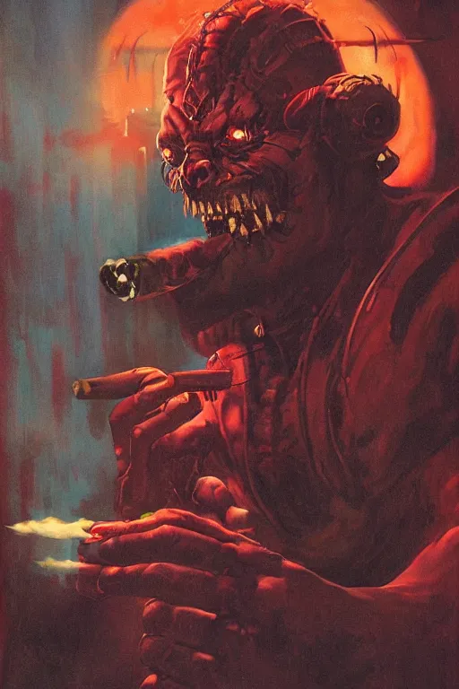 Image similar to A demon smoking a cigar in a cyberpunk setting, by Frank Frazetta, dramatic lighting, 1980s colours, as trending on Artstation, highly detailed,