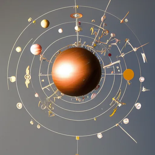 Image similar to a kinetic sculpture of this solar system, sun, mercury, venus, earth, mars, jupiter, saturn, uranus, neptune, pluto, orrery, canon 5 d 5 0 mm lens, papier - mache, studio, official intelligence