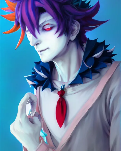 Image similar to extremely attractive soft feminine male as a jester anime character screenshot, nagito komaeda and hisoka jester, anime feminine male fool, intricate, sharp focus, illustration, highly detailed, digital painting, cell shaded, concept art, matte, art by ilya kuvshinov and kyoto animation and wlop, ruan jia, greg rutkowski, studio quality