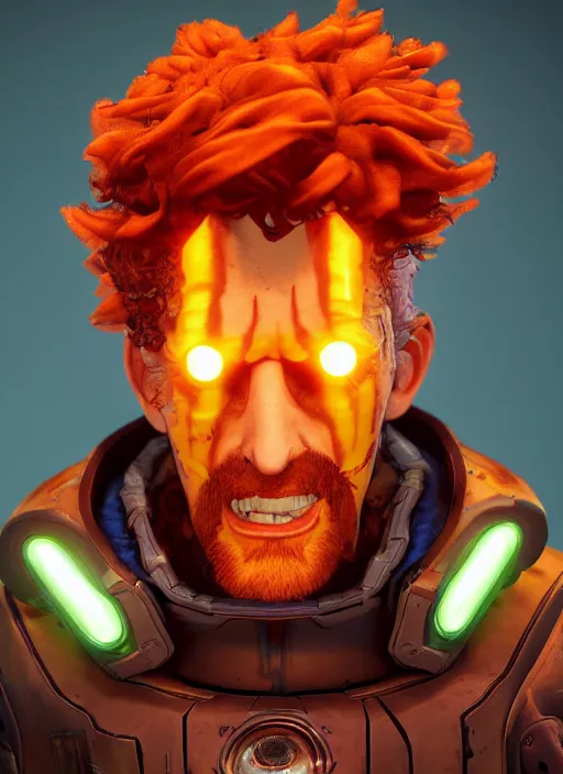 Image similar to glowwave portrait of curly orange haired mad scientist man from borderlands 3, au naturel, hyper detailed, digital art, trending in artstation, cinematic lighting, studio quality, smooth render, unreal engine 5 rendered, octane rendered, art style by pixar dreamworks warner bros disney riot games and overwatch.