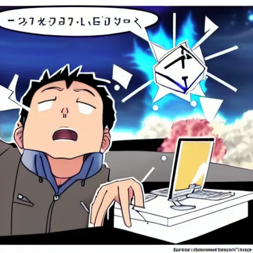 Image similar to anime picture of a crypto trader raging after a bitcoin crash,