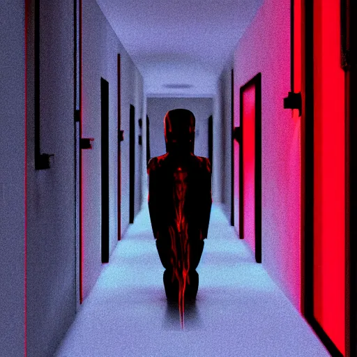 Image similar to photograph of an extremely dark narrow hallway with glowing humanoid monster made out of tv static, dark deep black shadows, red and black color contrast in the style of trevor henderson, liminal space, 3 d octane render, glitch effect