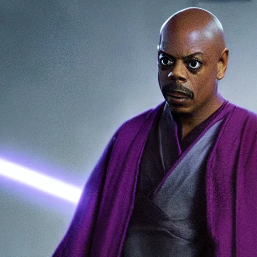 Prompt: dave chapelle as mace windu in star wars episode 3, 8k resolution, full HD, cinematic lighting, award winning, anatomically correct
