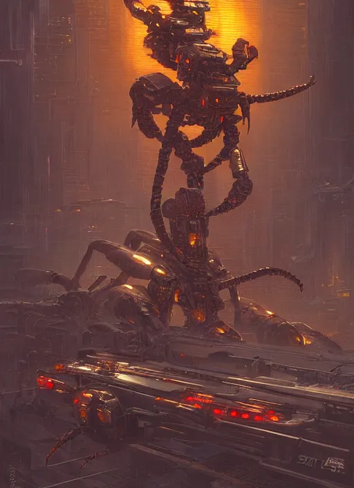 Prompt: large robotic scorpion shape bristling with weapons, neal asher sci - fi, cyberpunk, artstation, conceptual, hyperdetailed, donato giancola, james gurney, neon lights, mood lighting, rust
