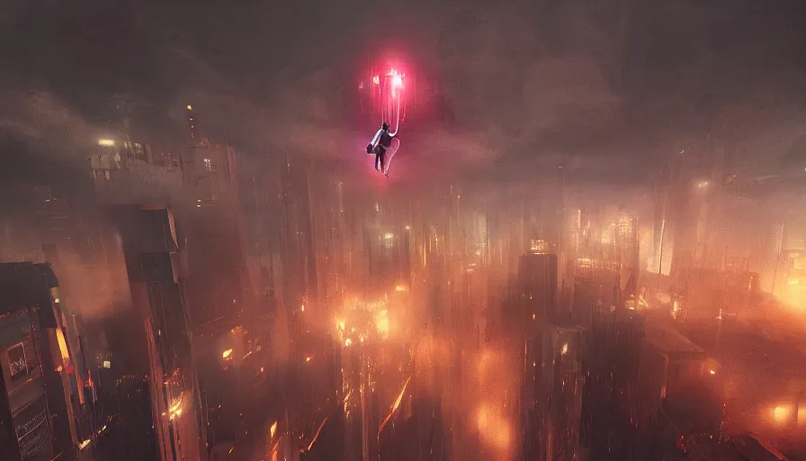 Image similar to man parachuting into a dark cyberpunk city through clouds, volumetric lighting, dystopia, artstation, concept art, painting