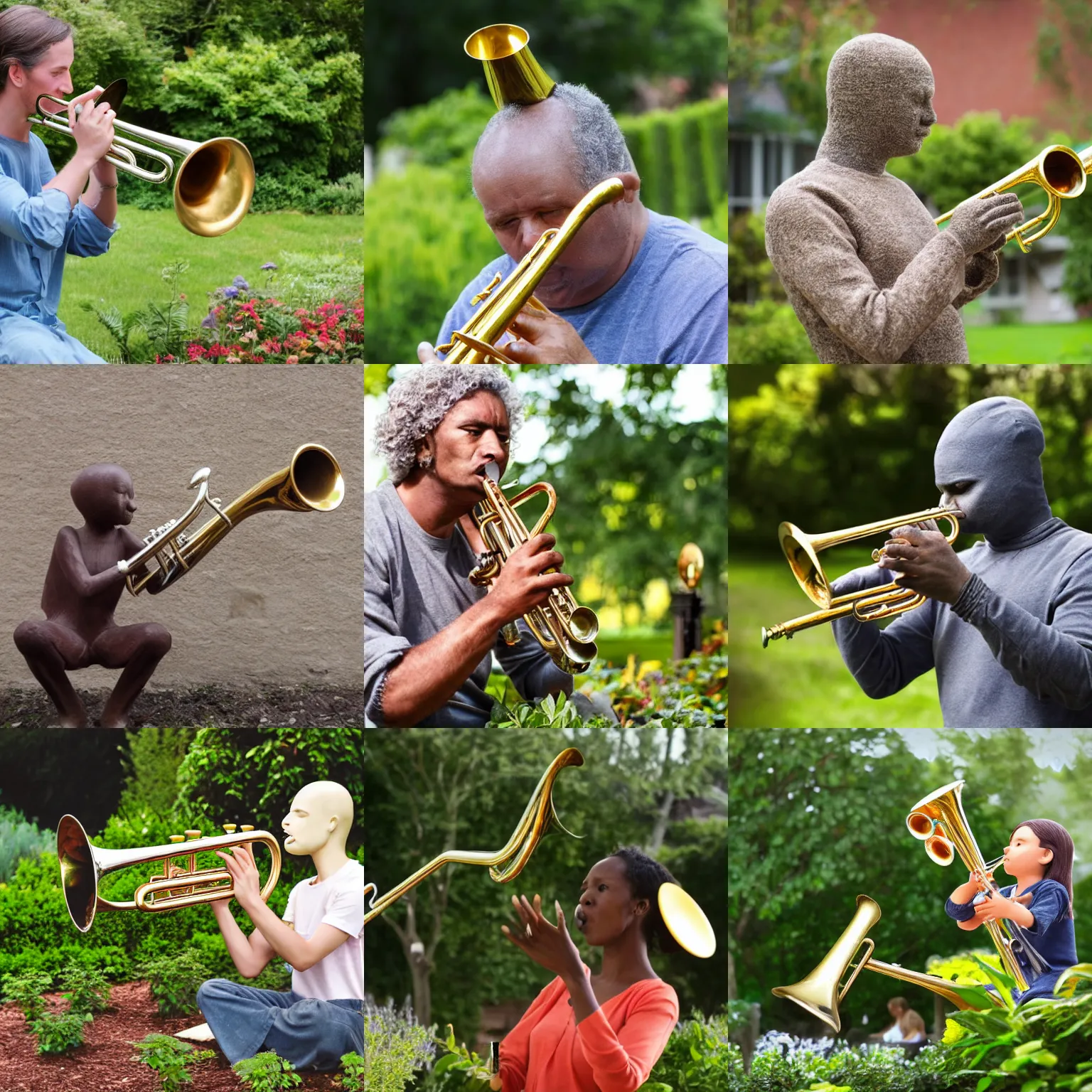 Prompt: human bird with trumpet, sitting in the garden, close up