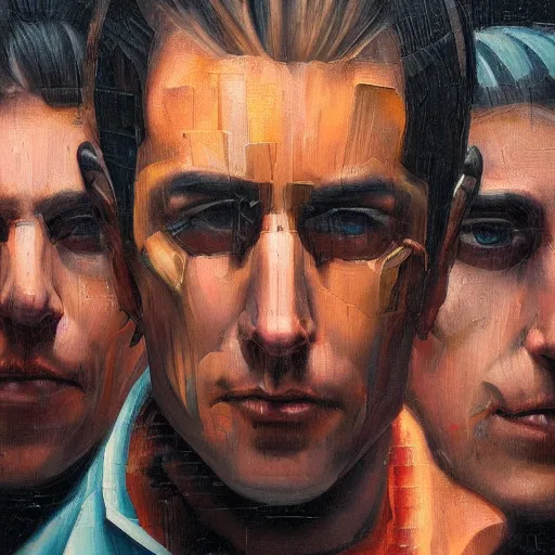 Image similar to portrait of three cyberpunk mobsters, detailed oil painting