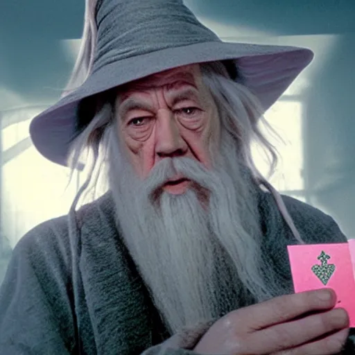 Image similar to portrait of gandalf with a pink bowtie on his head, holding a blank playing card up to the camera, movie still from the lord of the rings