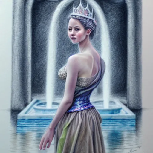 Prompt: hyper realistic pencil drawing of a fantasy princess standing by a fountain, muted water color, full portrait, detailed, rim light, diffused, intricate, by anna dittmann