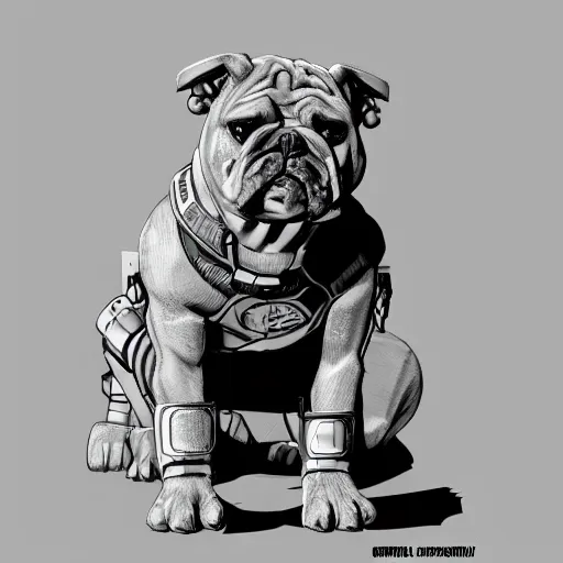 Prompt: « a comic styled cyborg bulldog sitting down, cyberpunk digital art by greg rutkowsky, illustration, future tech, sketchfab »