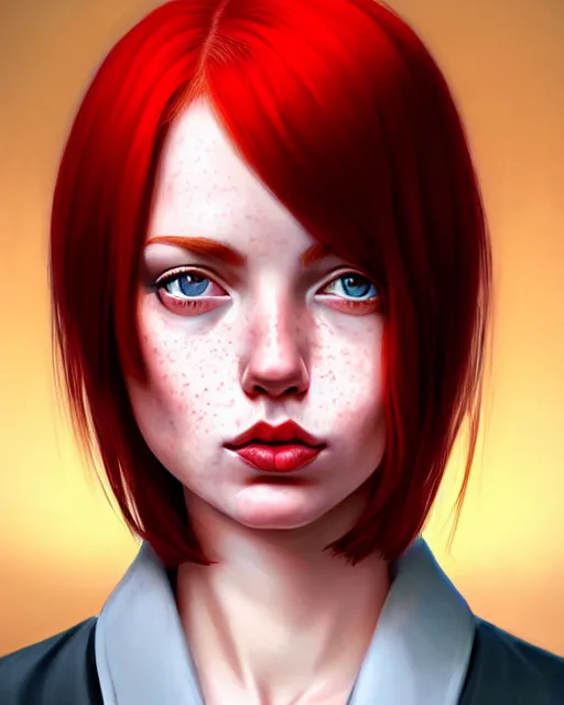 Image similar to a detailed portrait of a pretty!! female president with red hair and freckles, 1 8 0 2, by ilya kuvshinov, digital art, dramatic lighting, dramatic angle