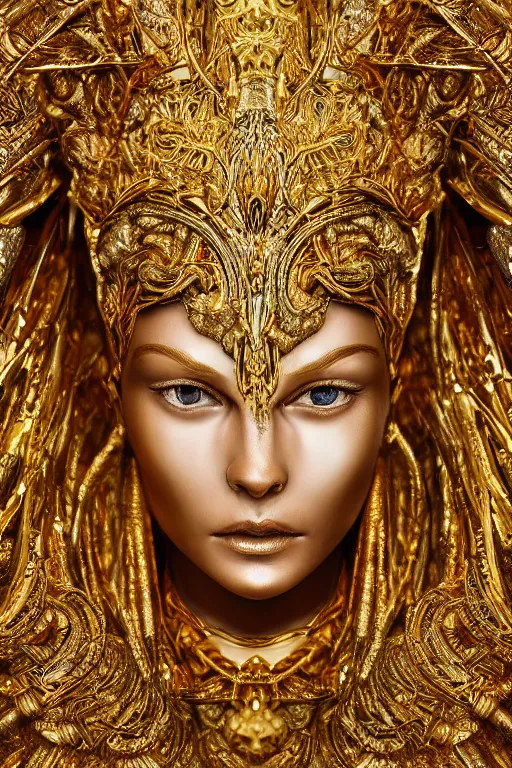 Image similar to sculpture made of gold, portrait, future, shaman, gold, close up, harper's bazaar, vogue, magazine, insanely detailed and intricate, concept art, ornate, luxury, elite, elegant, trending on artstation,