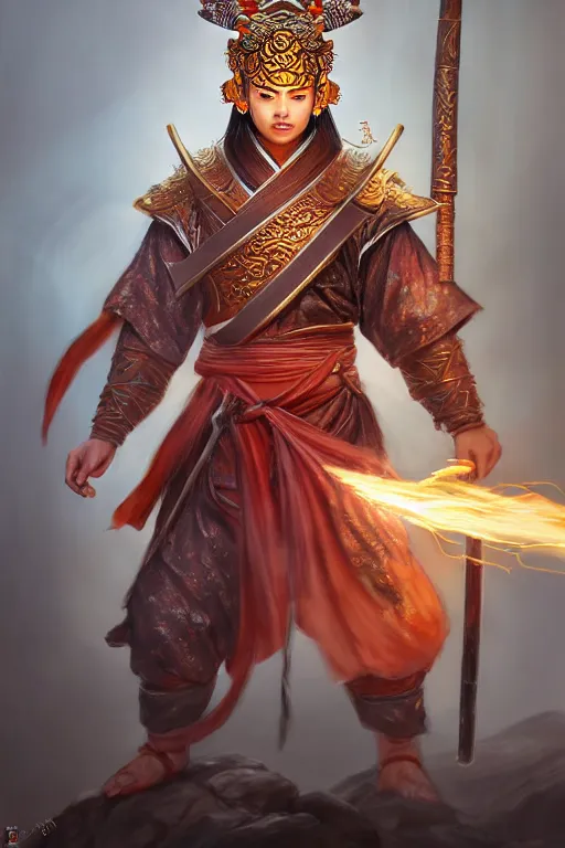 Image similar to charming nezha, highly detailed, man holding spear, flame everywhere, epic pose, masterpiece chinese fantasy character portrait, highly detailed, digital painting, trending on artstation, concept art, sharp focus, illustration, global illumination, ray tracing, realistic shaded, art by artgerm and greg rutkowski and fuji choko and viktoria gavrilenko and hoang lap