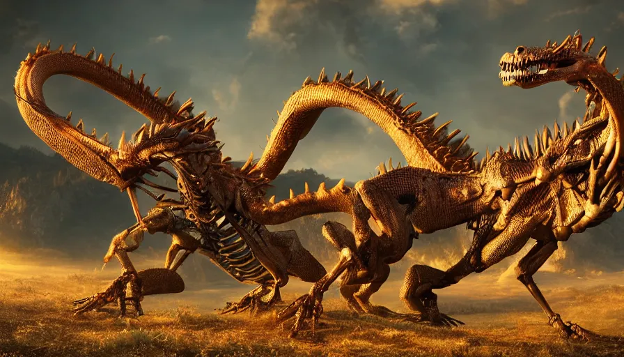 Prompt: hyper realistic highly detailed nature photography of a skeleton dragon, prehistoric planet, volumetric lighting, octane render, 4 k resolution, golden hour