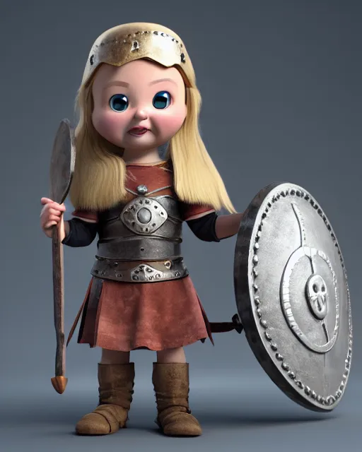 Prompt: an adorable toy of a viking girl with her shield raised to defend, pixar style, authentic viking armor, historically accurate, clean detail, symmetrical, octane render, studio lighting