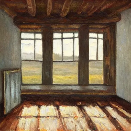 Image similar to oil painting of mostly empty cottage interior with one small window with sunlight shining on the floor. artistic. cozy. wooden floor. rustic