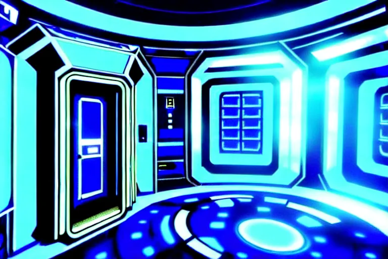 Image similar to futuristic tardis interior stylized like portal 2