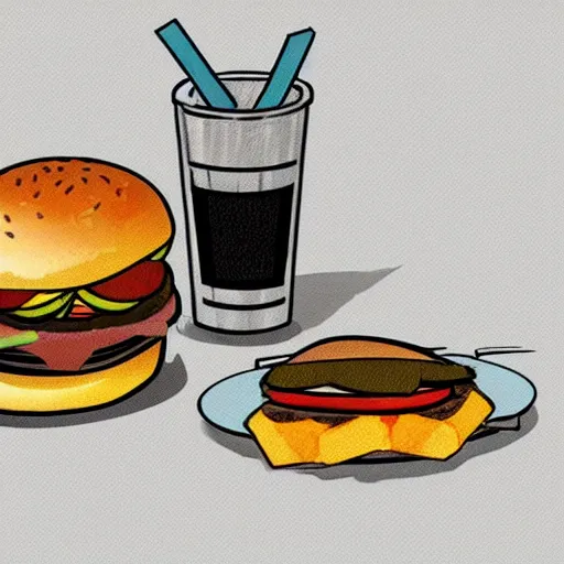 Image similar to a cartoon picture of a burger and a drink, concept art by derf, featured on deviantart, sots art, sketchfab, behance hd, concept art