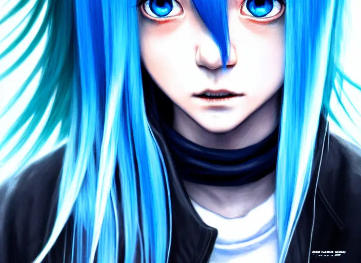 Image similar to full face shot of rimuru tempest, sky blue straight hair, long bangs, with amber eyes, wearing a black jacket, high collar, ultra detailed, concept art, award winning photography, digital painting, cinematic, wlop artstation, closeup, pixiv, evil, yoshitaka amano, andy warhol, ilya kuvshinov,