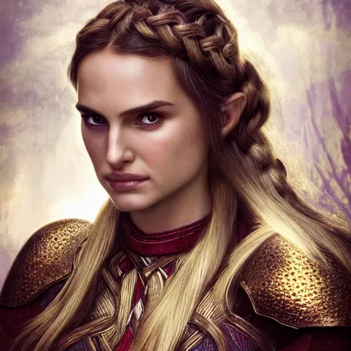 Prompt: head and shoulders portrait of a female knight, young natalie portman, golden etched armor, lord of the rings, celtic hair braid, eldritch ruby amulet, by artgerm, alphonse mucha, face detail, sharp focus, high key lighting, vogue fashion photo