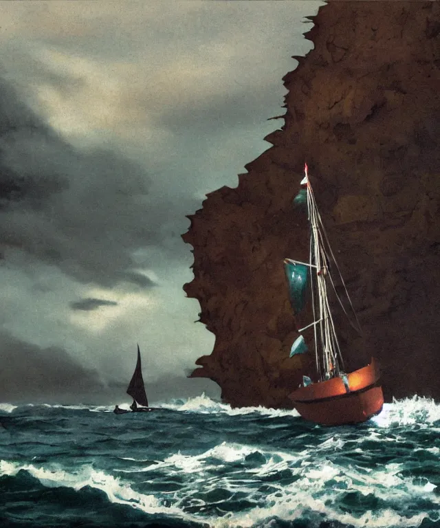 Image similar to photorealistic painting of a 1 9 2 5 seiner sailing near a tropical cliff with the mouth of a sea cave at the waterline, dark, brooding, atmospheric, lovecraft, horror, smooth, epic, highly detailed, cinematic, by angus mcbride