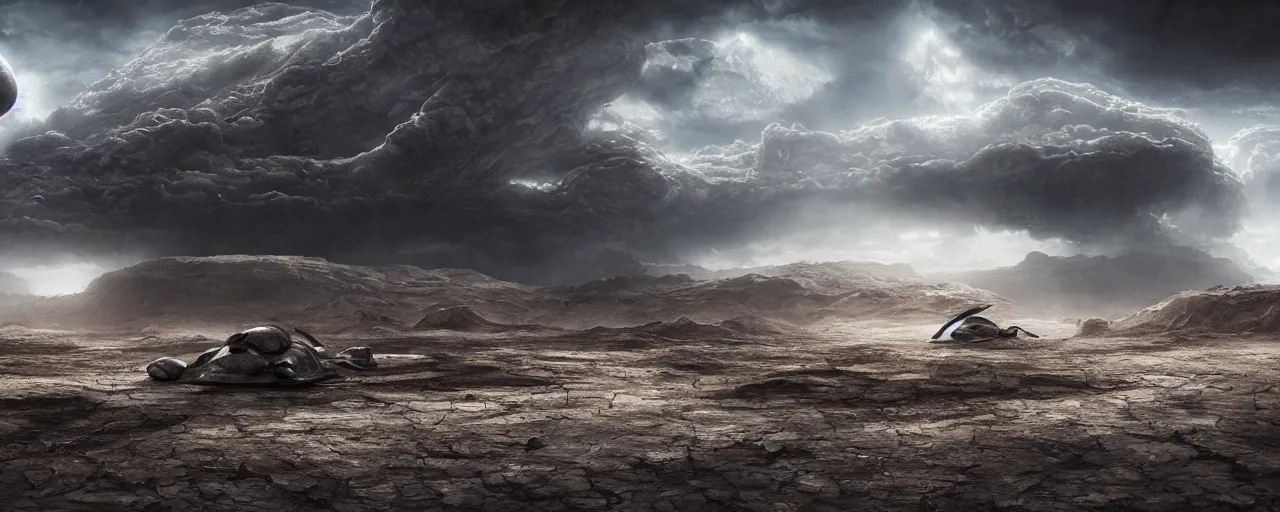 Image similar to a large organic like spaceship landing on a barren dry land with an epic cloud formation on the background by HR GIger, Dariusz Zawadzki, gustave doré, zhuoxin ye, very detailed, octane render, 8k, oranate and brooding, scary and dark, canon 24mm lens