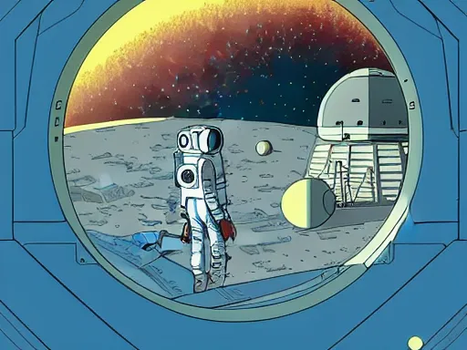 Image similar to a scifi illustration, hyper detailed external view of a lunar colony. cinematic wes anderson composition. flat colors, limited palette in FANTASTIC PLANET La planète sauvage animation by René Laloux