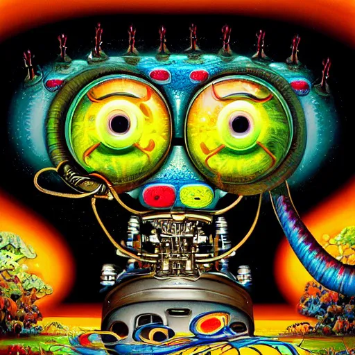 Image similar to beautiful painting of anthropomorphic steam railway engine monster truck snake oil salesman cowboy caveman hydra, neo - andean architecture art by takashi murakami, art by lisa frank, art by jacek yerka, art by victor moscoso. lifelike mechanical eyes. locomotive snake. trending on artstation, hyperrealism, 1 0 k