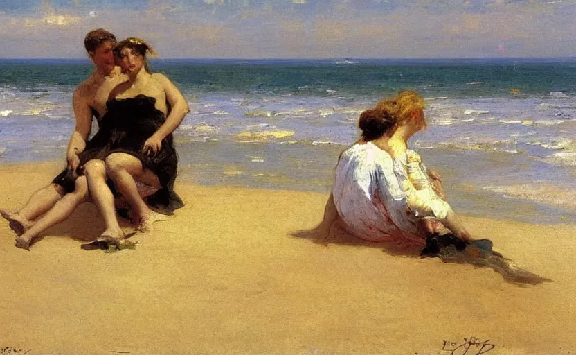 Prompt: high quality high detail painting by ilya repin, a couple sitting on a beach, hd