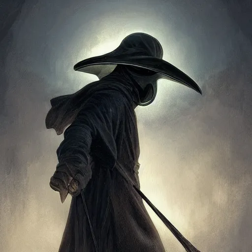 Image similar to a plague doctor hunting with a bow, with antlers on his head, deep focus, intricate, elegant, highly detailed, digital painting, artstation, concept art, matte, sharp focus, illustration, art by artgerm and greg rutkowski and alphonse mucha