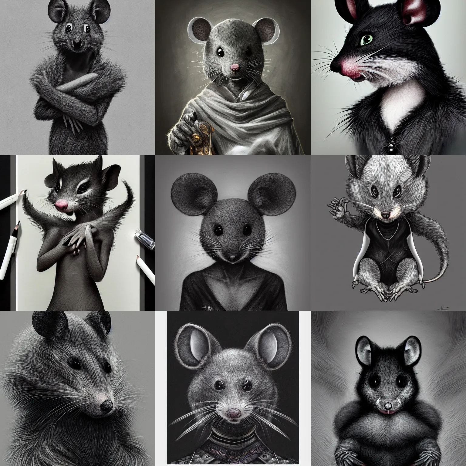 Image similar to a photograpic portrait of a anthropomorphic grey mouse wearing black clothes, black hair, grey skin, grey mouse ears, furry character, fursona, fantasy, intricate, elegant, highly detailed, digital painting, artstation, smooth, sharp focus, illustration, art by artgerm and H R Giger and alphonse mucha