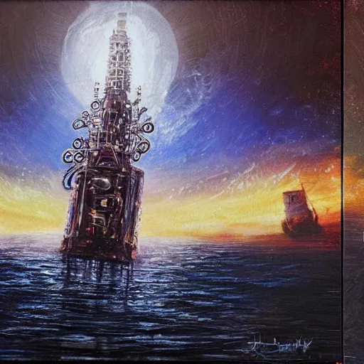 Image similar to an ominous biopunk tower with glowing lights rising in the distance with a ship sailing in the foreground, painting by John Berkley