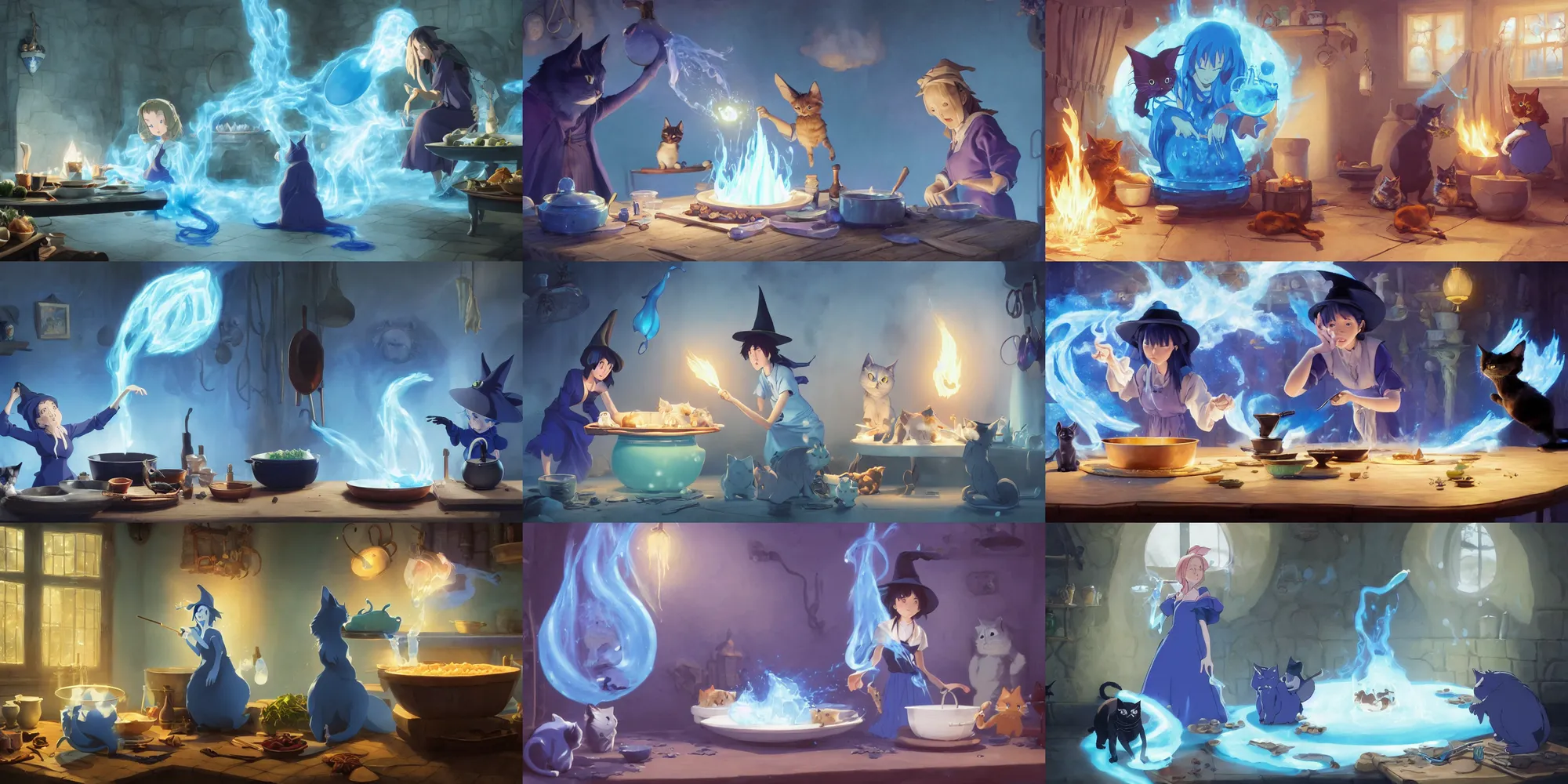 Prompt: a wholesome animation key shot of a witch cooking a magic point in her cauldron of magical floating blue liquid in the shape of animals as her cats watch, medium shot, waist up, studio Ghibli, Pixar and Disney animation, sharp, Rendered in Unreal Engine 5, anime key art by Greg Rutkowski, Bloom, dramatic lighting, J. C. Leyendecker