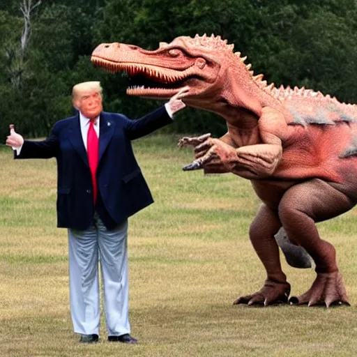 Image similar to donald trump riding a dinosaur and shooting a gun