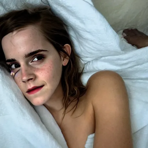 Image similar to emma watson in bed, under a white blanket, bare shoulders, freckles, no makeup, no filter, natural skin, messy hair, sleepy, smiling sheepishly