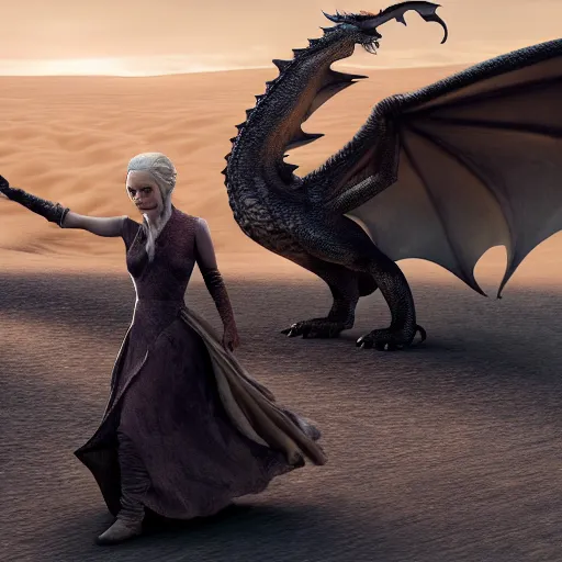 Image similar to daenerys from game of thrones flies on a dragon over snow desert