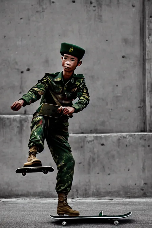 Image similar to vietnam soldier playin skateboard, photorealistic, smooth, 4 k, aesthetic lighting, baroque object, hyperdetailed, professional photography, pullitzer winning, photo by : canon eos 5 d mark iv, by karah mew and adnan abidi