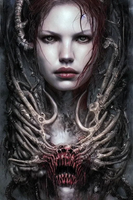 Image similar to portrait of hannah murray by hr giger, greg rutkowski, luis royo and wayne barlowe as a diablo, resident evil, dark souls, bloodborne monster