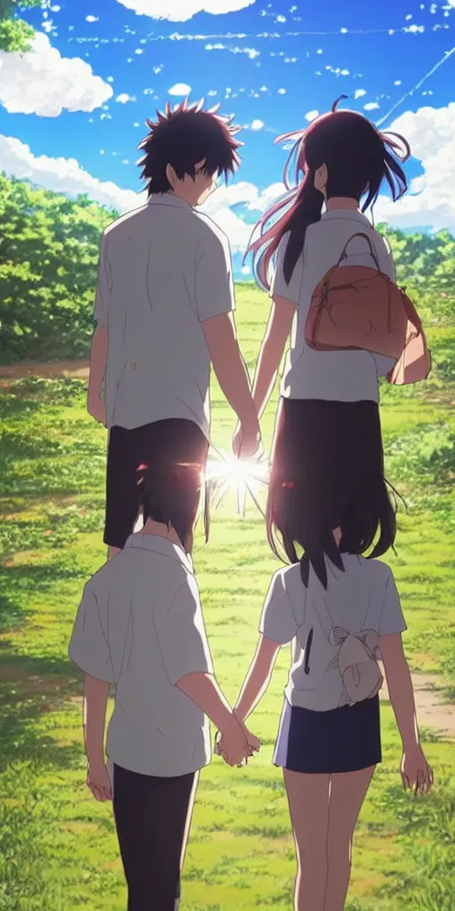 Prompt: a man and a woman holding hands under a beautiful sun drawn like the anime Your Name anime