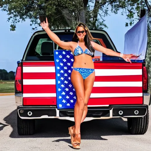 Image similar to photo of woman in the back of a pickup truck wearing bikinis drinking beer waving the american flag. the woman is completely drunk but still attractive and supports biden.