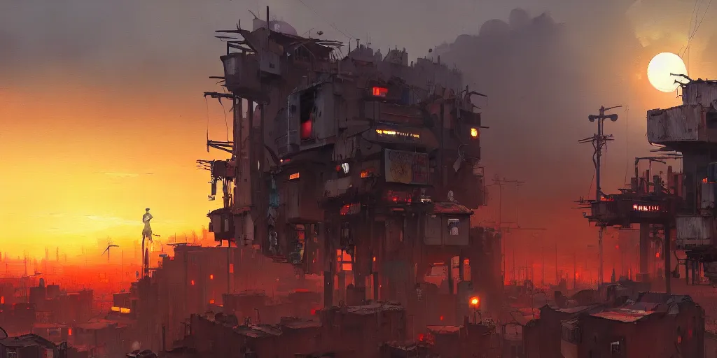 Image similar to Ian McQue Lee painting of a cyberpunk African favela, hazy sunset with dramatic clouds, asymmetrical, trending on Artstation, High quality image