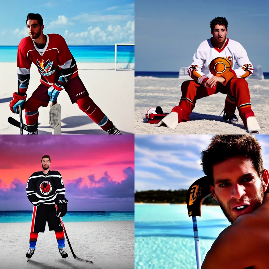 Prompt: A Hockeyplayer wearing full hockey gear while chillin in a sunbed on the beach in bahamas, he has a lit cigarette in his mouth, cinematic lighting, cinematic composition