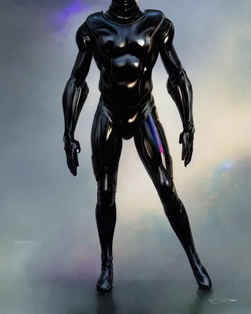 Image similar to iridescent sinewy smooth muscular male sleek glossy black pearlescent scifi armor with smooth black featureless helmet, by greg rutkowski, mark brookes, jim burns, tom bagshaw, magali villeneuve, glenn fabry, trending on artstation