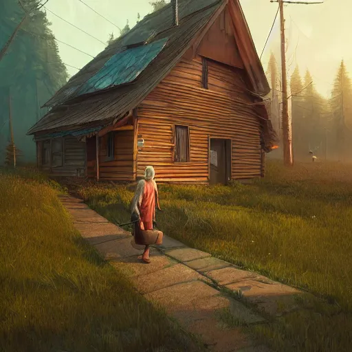 Image similar to woman leaving her wooden broken house by simon stålenhag, very highly detailed, award winning, rendered by Beeple, by Makoto Shinkai, syd meade, starwars, space art concept, digital art, unreal engine, blender, WLOP, trending on artstation, 4K UHD image, octane render