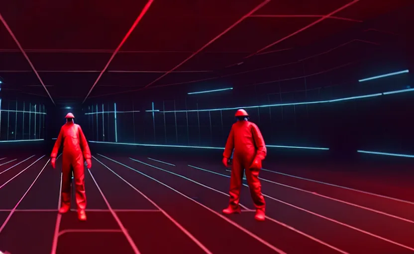 Prompt: in-game screenshot of a dark red hazmat scientist holding a gun walking on unreal engine 5, in a liminal underground garden, retrofuturism, brutalism, staggered terraces, minimalist