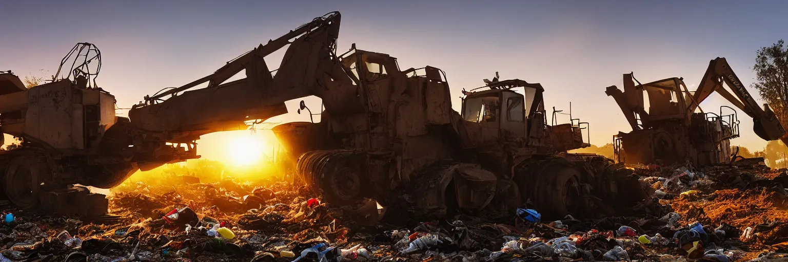 Image similar to Silhouette of bulldozer machine moving garbage on junkyard heap, photorealistic image, golden hour, low angle shot, very detailed